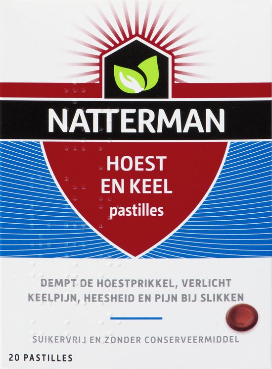 Natterman Hoest en Keel pastilles - Dempt de hoestprikkel - Verlicht keelpijn, heesheid en pijn bij slikken - Suikervrij - Anti-hoestmiddel - Medisch hulpmiddel - Vanaf 6 jaar - 20 pastilles