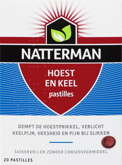 Natterman Hoest en Keel pastilles - Dempt de hoestprikkel - Verlicht keelpijn, heesheid en pijn bij slikken - Suikervrij - Anti-hoestmiddel - Medisch hulpmiddel - Vanaf 6 jaar - 20 pastilles
