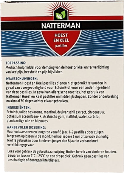 Natterman Hoest en Keel pastilles - Dempt de hoestprikkel - Verlicht keelpijn, heesheid en pijn bij slikken - Suikervrij - Anti-hoestmiddel - Medisch hulpmiddel - Vanaf 6 jaar - 20 pastilles