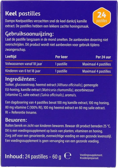 Dampo Keelpastilles - Verzachten de keel dankzij kamille extract - Vitamine C - Lekkere zachte honingsmaak - 24 pastilles