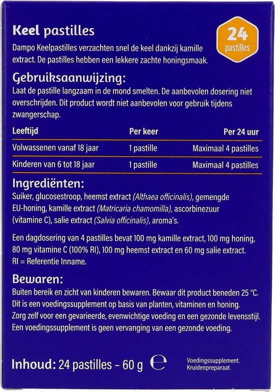 Dampo Keelpastilles - Verzachten de keel dankzij kamille extract - Vitamine C - Lekkere zachte honingsmaak - 24 pastilles