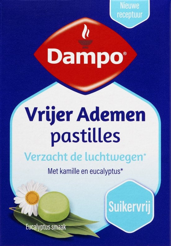Dampo Vrijer Ademen Keelpastilles - Helpen om vrijer te ademen en de luchtwegen te verzachten dankzij kamille* - Verzachting van de keel door eucalyptus* en menthol* - Suikervrij - Eucalyptus smaak - 20 keelpastilles