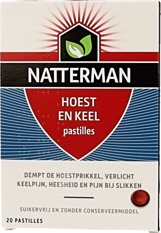 Natterman Hoest en Keel pastilles - Dempt de hoestprikkel - Verlicht keelpijn, heesheid en pijn bij slikken - Suikervrij - Anti-hoestmiddel - Medisch hulpmiddel - Vanaf 6 jaar - 20 pastilles