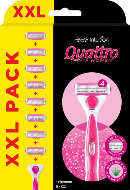 Wilkinson Sword Quattro for Women - Scheermes - Voordeelverpakking XXL - Navulmesjes 8 stuks - met Houder