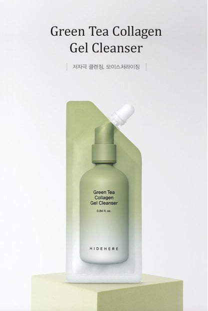 HIDEHERE – Green Tea Collagen Gel Cleanser 25ml – Koreaanse Gezichtsreiniger met Groene Thee & Collageen – Diep Reinigend & Kalmerend – Duurzame, Reisvriendelijke Verpakking