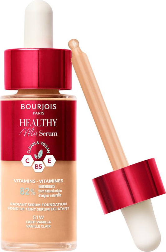 Bourjois Healthy Mix - 51 - Light Vanilla, Serum Foundation, laat de huid onmiddellijk stralen, hydrateert tot 24 uur lang, vegan formule, dauwachtige finish, houdt de hele dag lang, 30 ml